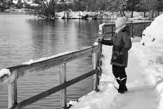 woman standing on a bridge in the snow