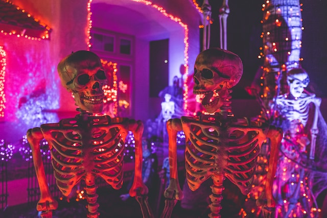skeleton props in front of colored lights
