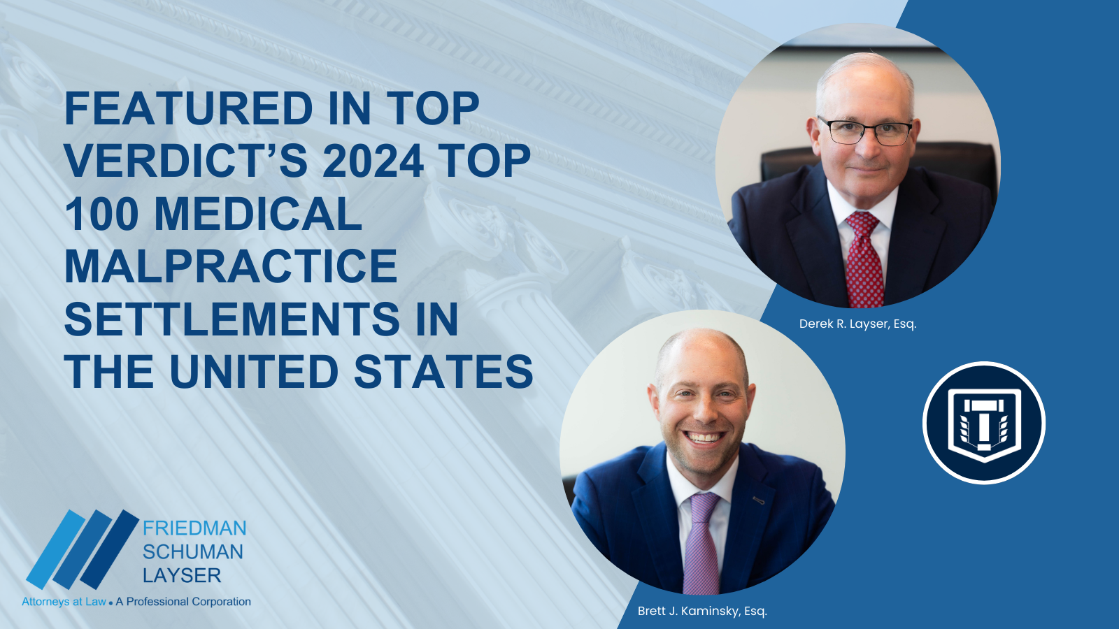 Brett J. Kaminsky and Derek R. Layser Listed In The Top 100 Medical Malpractice Settlements of 2024